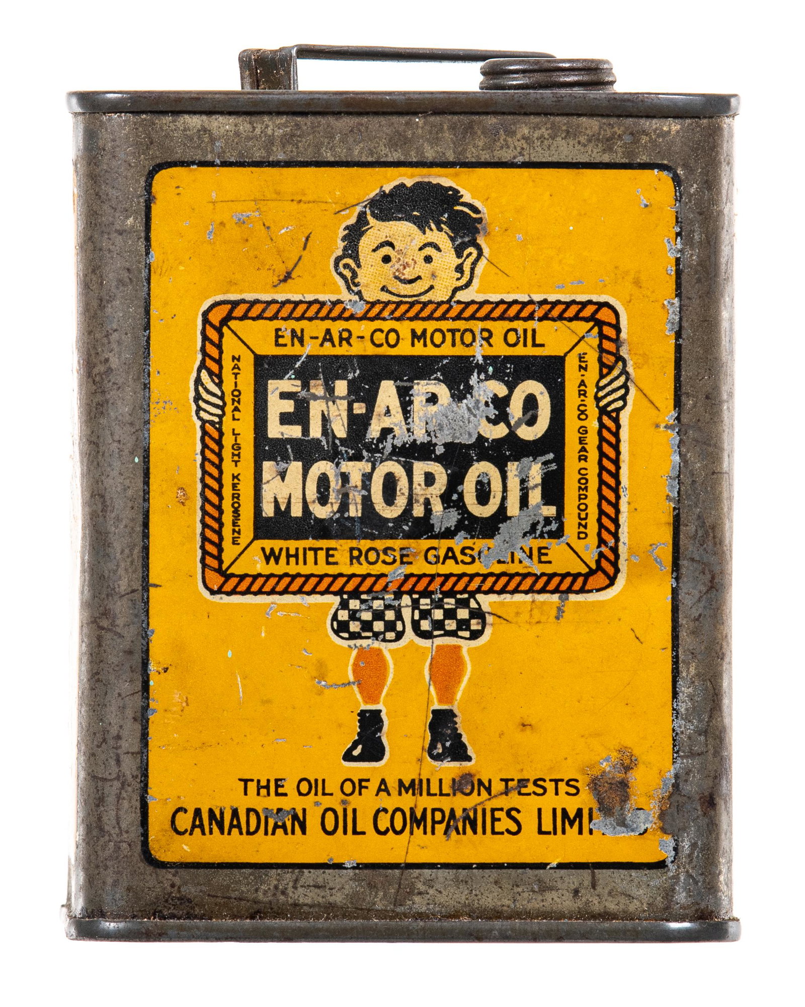 En-Ar-Co Oil Can Coin Bank: Square can coin bank. Great gloss and color. Shows areas of paint loss throughout. Tough bank to find. Measures: 4"X3" Rating: 7.5 Est: $100-$200