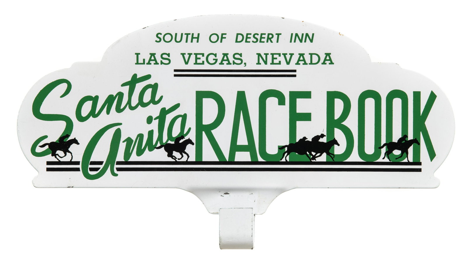 Santa Anita Race Book License Plate Topper: SST. Great gloss and color. Shows only very minor flaws. Very tough topper to find with great graphics. Measures: 5"X9.25" Rating: 9 Est: $200-$400
