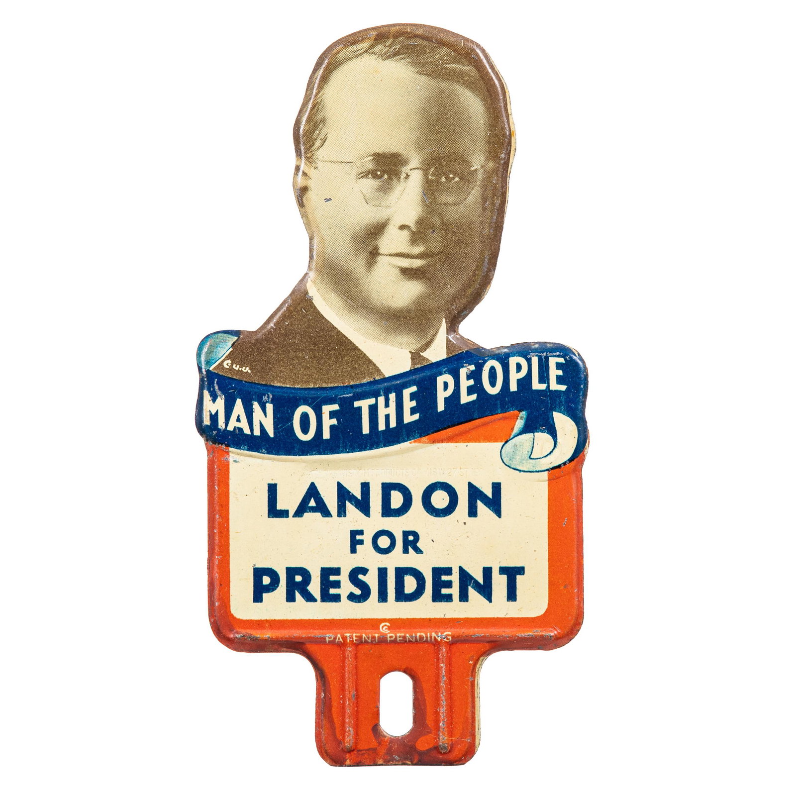 1936 Landon For President License Plate Topper: SST. Good gloss and color. Shows areas of paint loss and minor wear. Tough topper to find. Measures: 6.5"X3.5" Rating: 8 Est: $150-$300