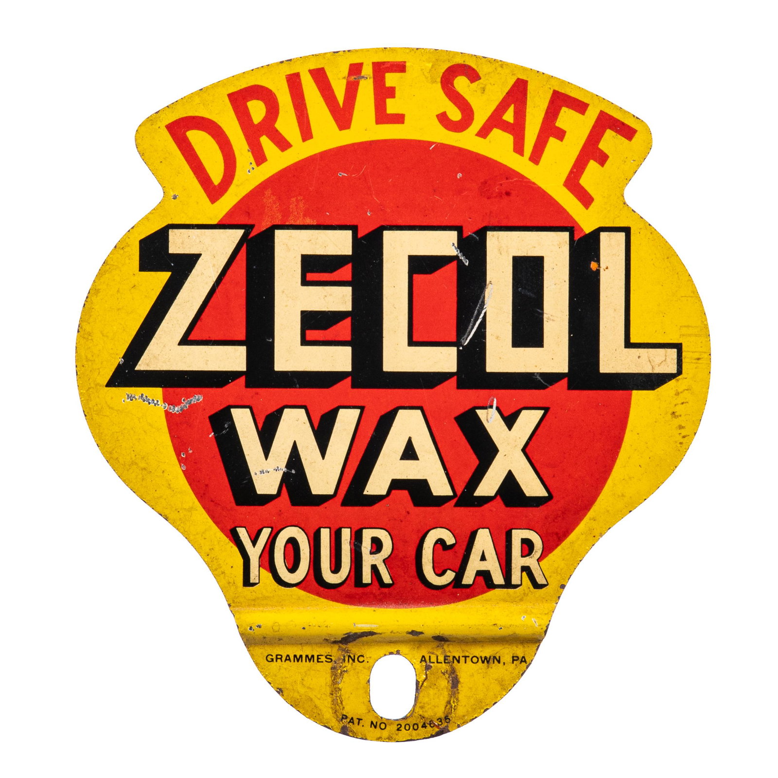 Zecol Wax License Plate Topper: SST. Very good gloss and color. Shows areas of wear and minor paint loss. Marked Grammes Inc. Overall it displays very well. Measures: 4.5"X4" Rating: 8 Est: $200-$400