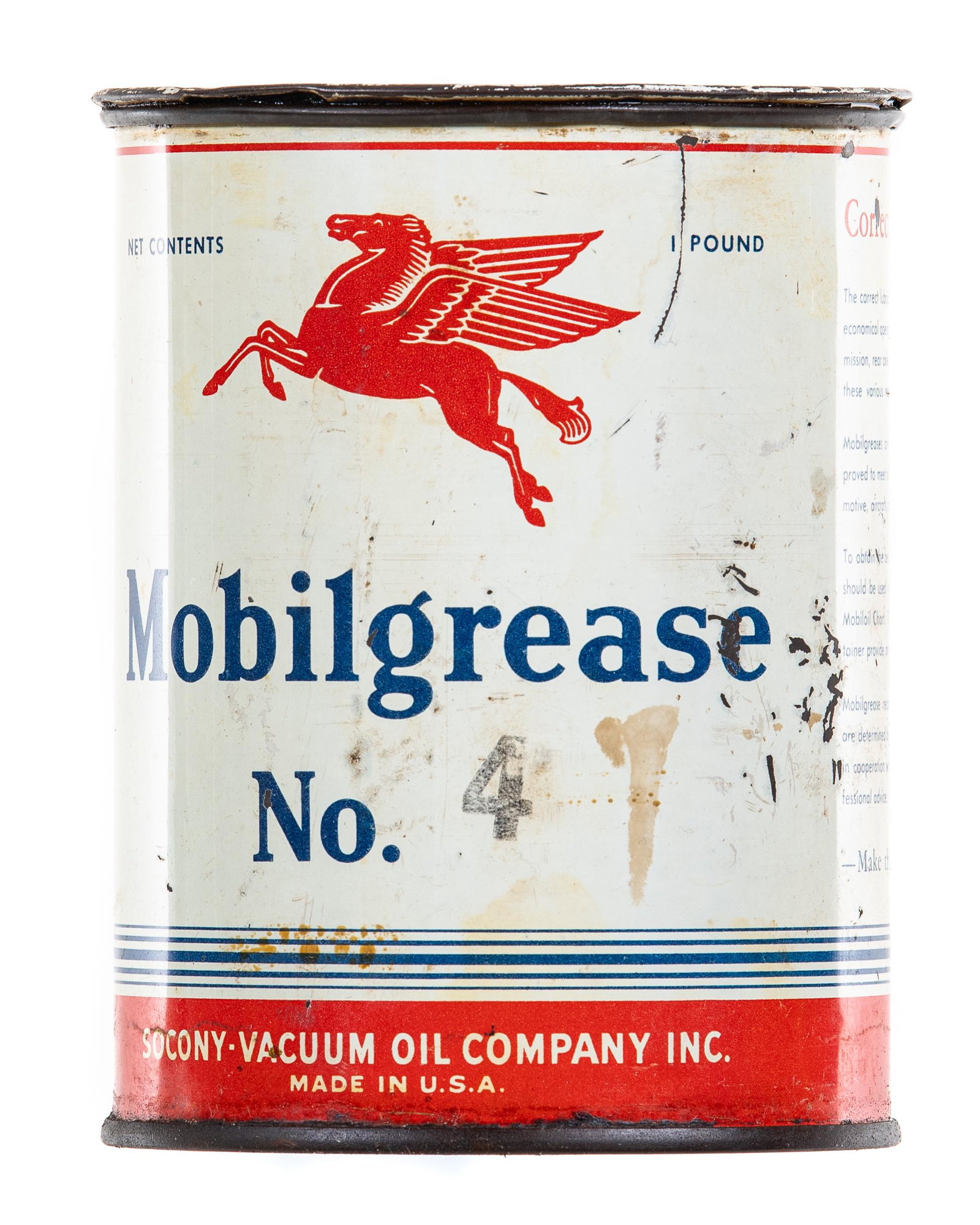 Mobil Mobilgrease Can: One pound can. Great gloss and color with areas of discoloration and minor rust. Overall it displays nicely. Measures: 4.5"X3.5" Rating: 8 Est: $50-$150