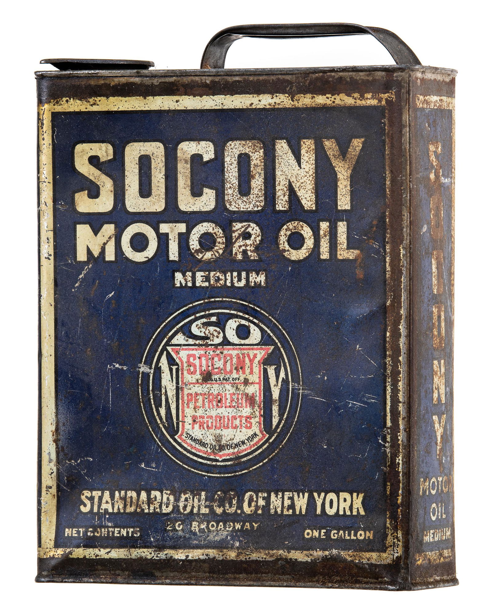 Socony Medium One Gallon: Empty one gallon oil can. Nice early can. Nice graphic. Has surface rust. Shows areas of paint loss and wear. Measures: 11"X8" Rating 6.75 Est: $100-$175