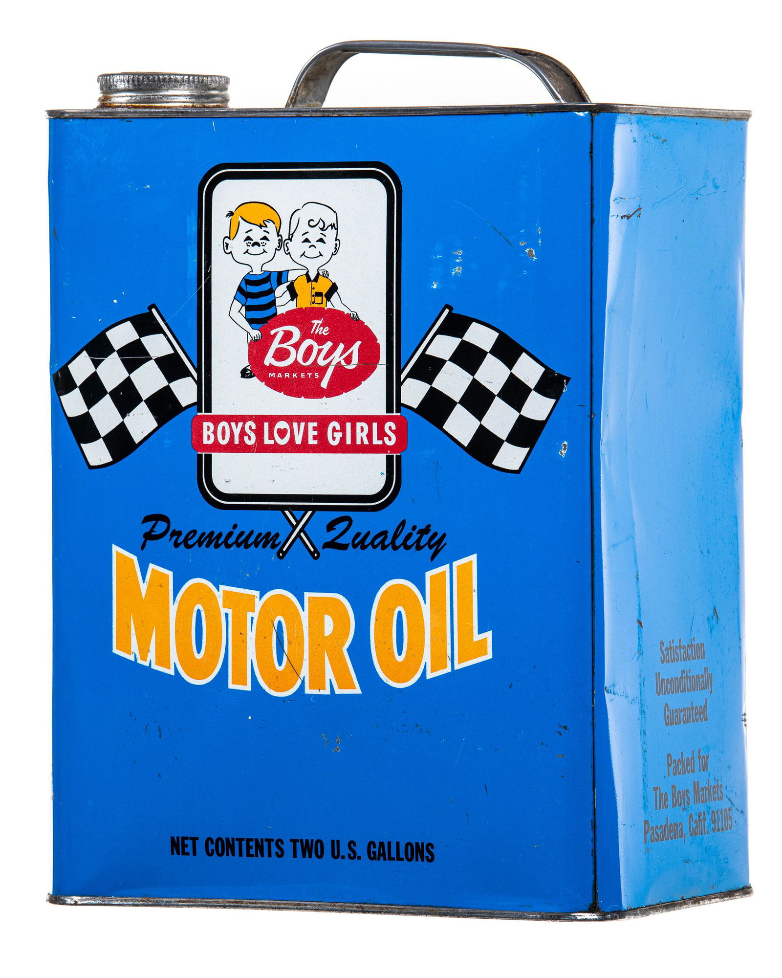 The Boys Two Gallon: Empty metal two gallon oil can. Neat graphics. Nice colors and solid paint. Minor scratching and wear throughout. Dent on side. Measures: 11.5X8.5" Rating: 8 Est: $300-$600