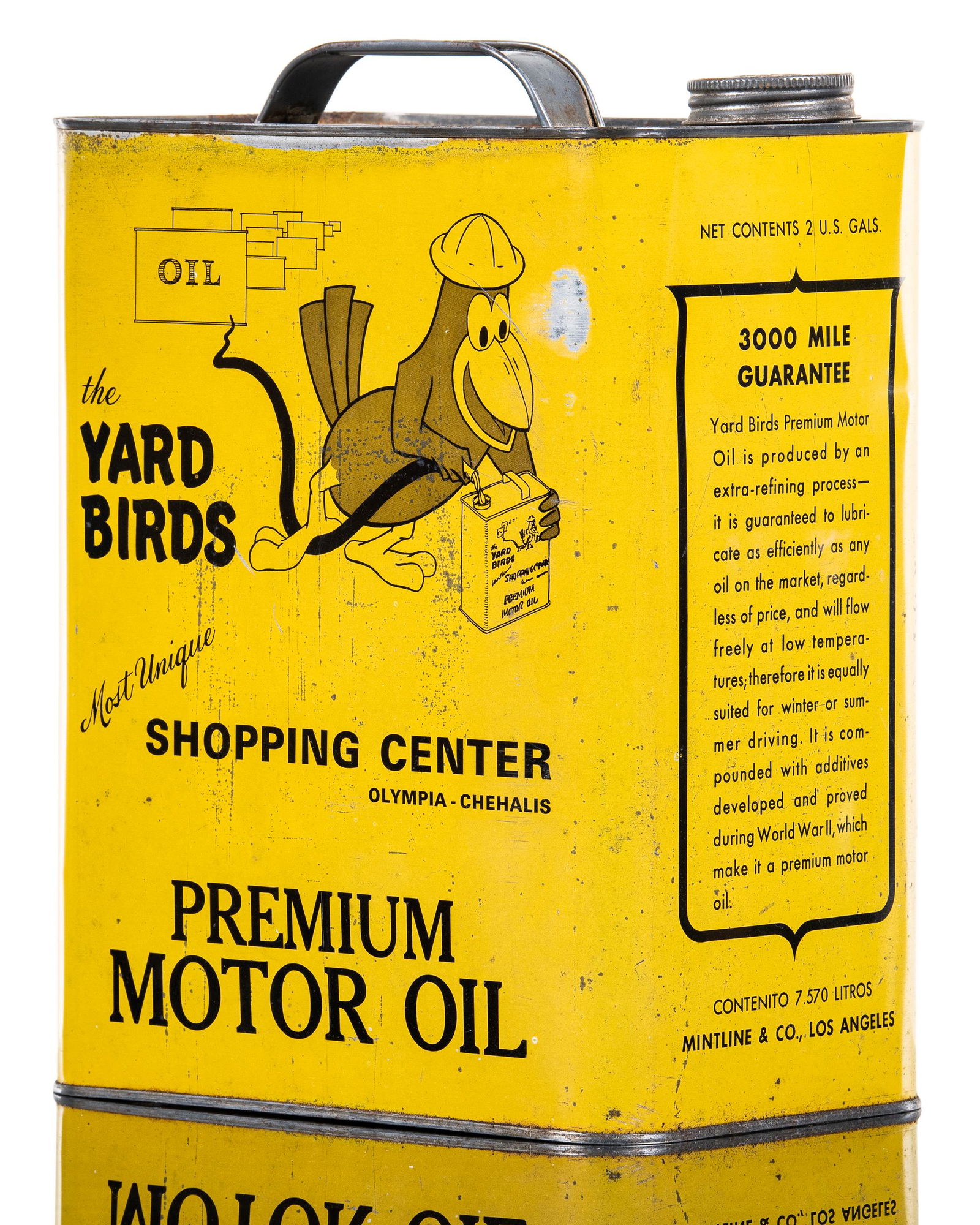 The Yard Birds Two Gallon: Full metal two gallon oil can. Cool bird graphics. Nice colors. Shows areas of wear and scratching. Measures: 11.5"X8.5" Rating: 7.25 Est: $150-$250