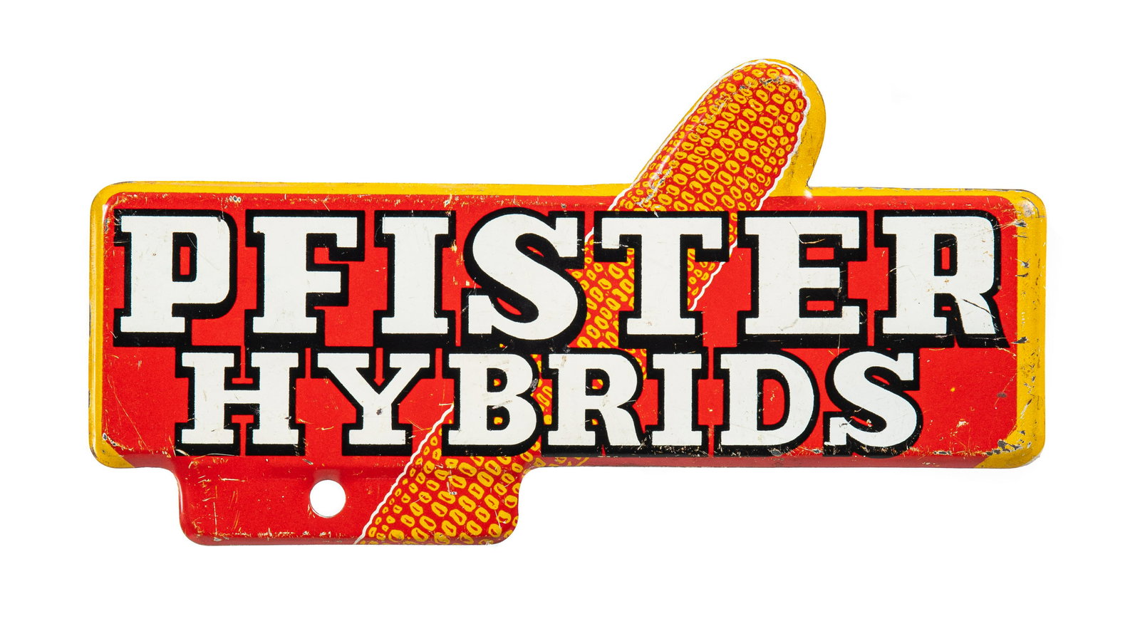 Pfister Hybrids License Plate Topper: Metal license plate topper. Nice color with corn graphic. Has scratches throughout. Minor wear. Measures: 3.25"X6" Rating: 7.75 Est: $50-$100