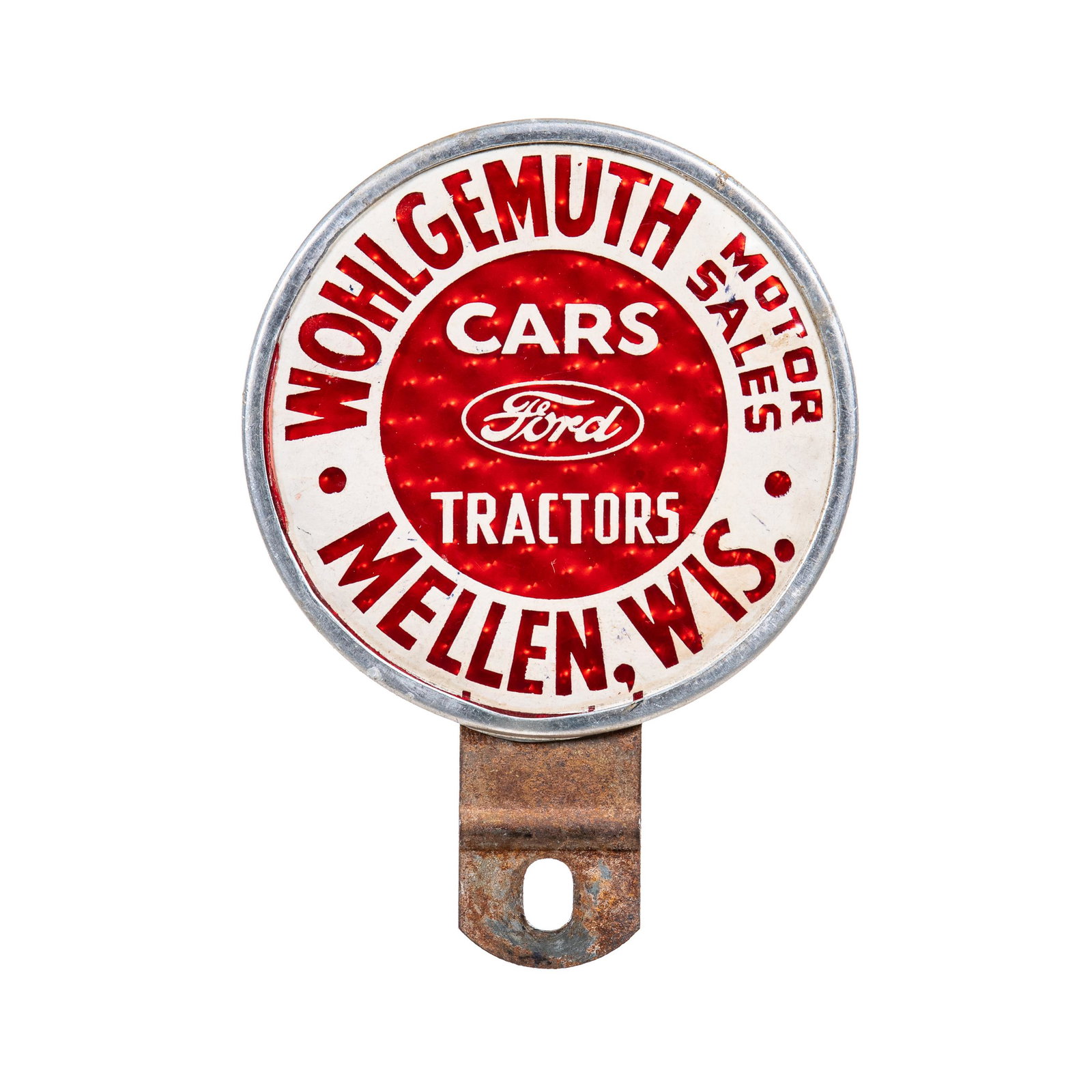 Ford Cars Tractors License Plate Topper: Metal and plastic license plate topper. Good condition. Good colors. Minor wear throughout. Measures: 4.5"X3.5" Rating: 8.25 Est: $50-$125