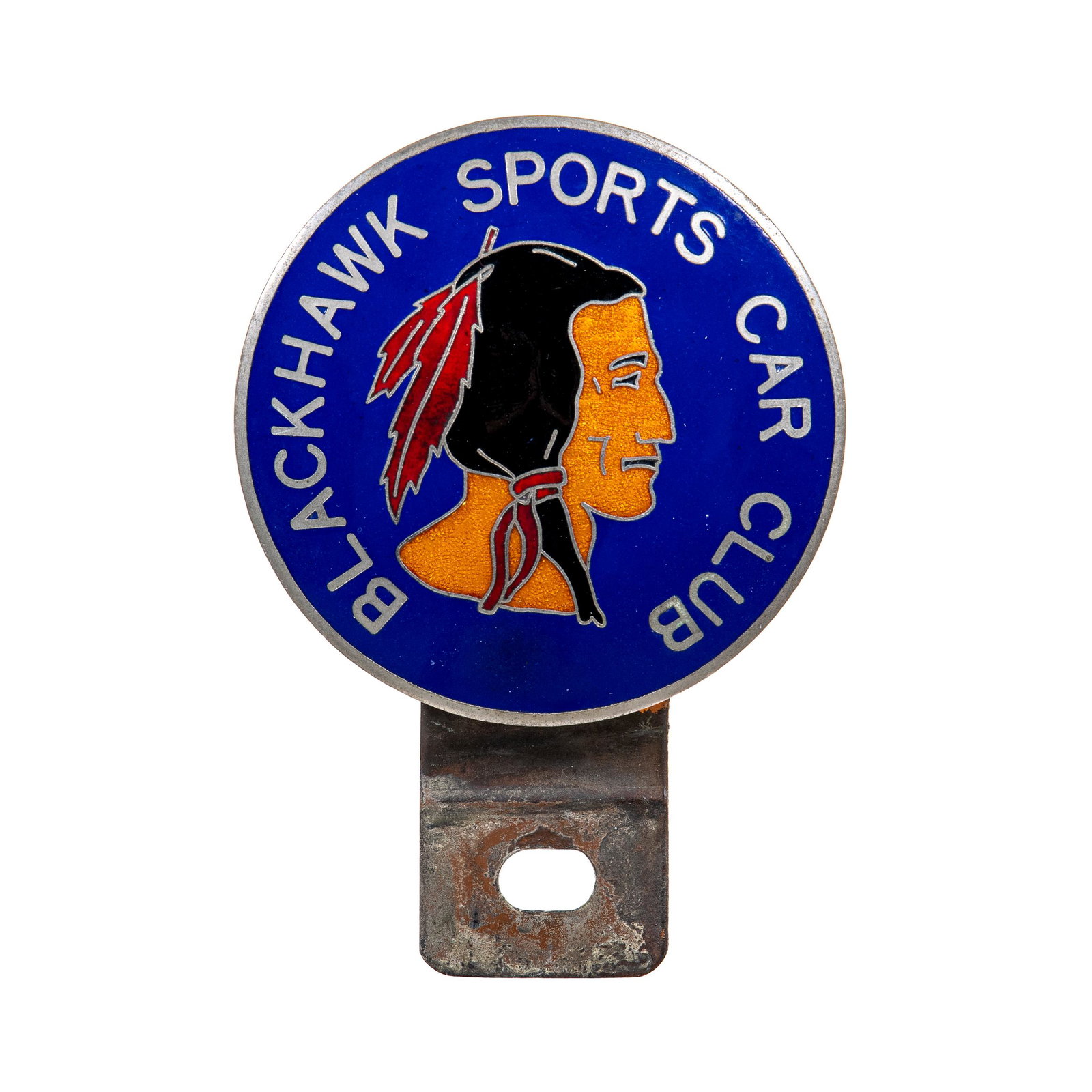 Blackhawk Sports Car Club License Plate Topper: Enamel and metal license plate topper. Very clean field. Nice Indian graphic. Minor scratching. Measures: 4.25"X3" Rating: 9.25 Est: $125-$200