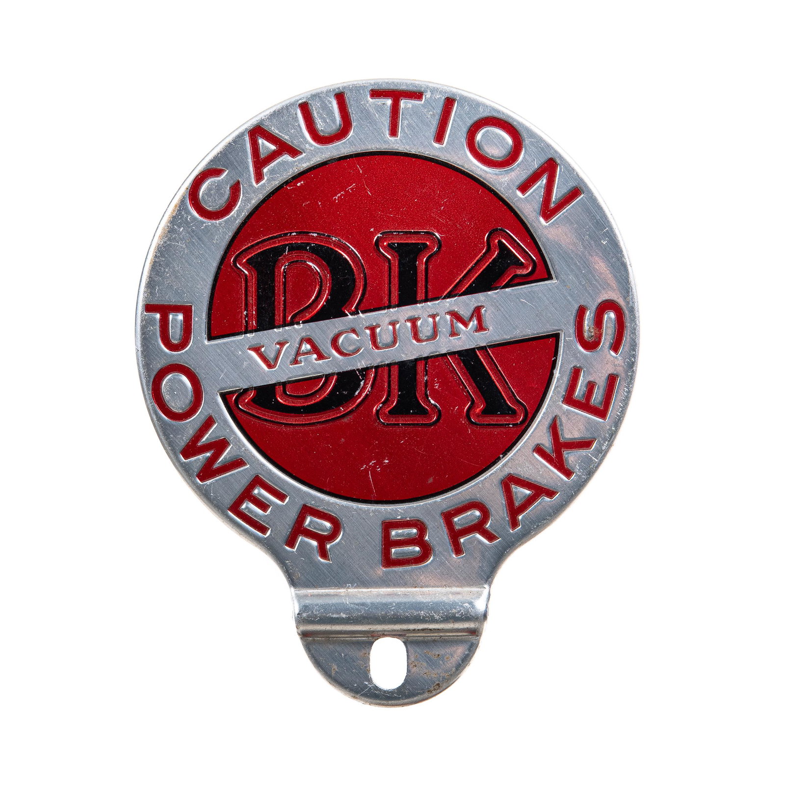 BK Vacuum Power Brakes License Plate Topper: Aluminum license plate topper. Good condition. Nice color. Shows minor wear and scratching throughout. Measures: 4.5"X3.75" Rating: 7.25 Est: $50-$100