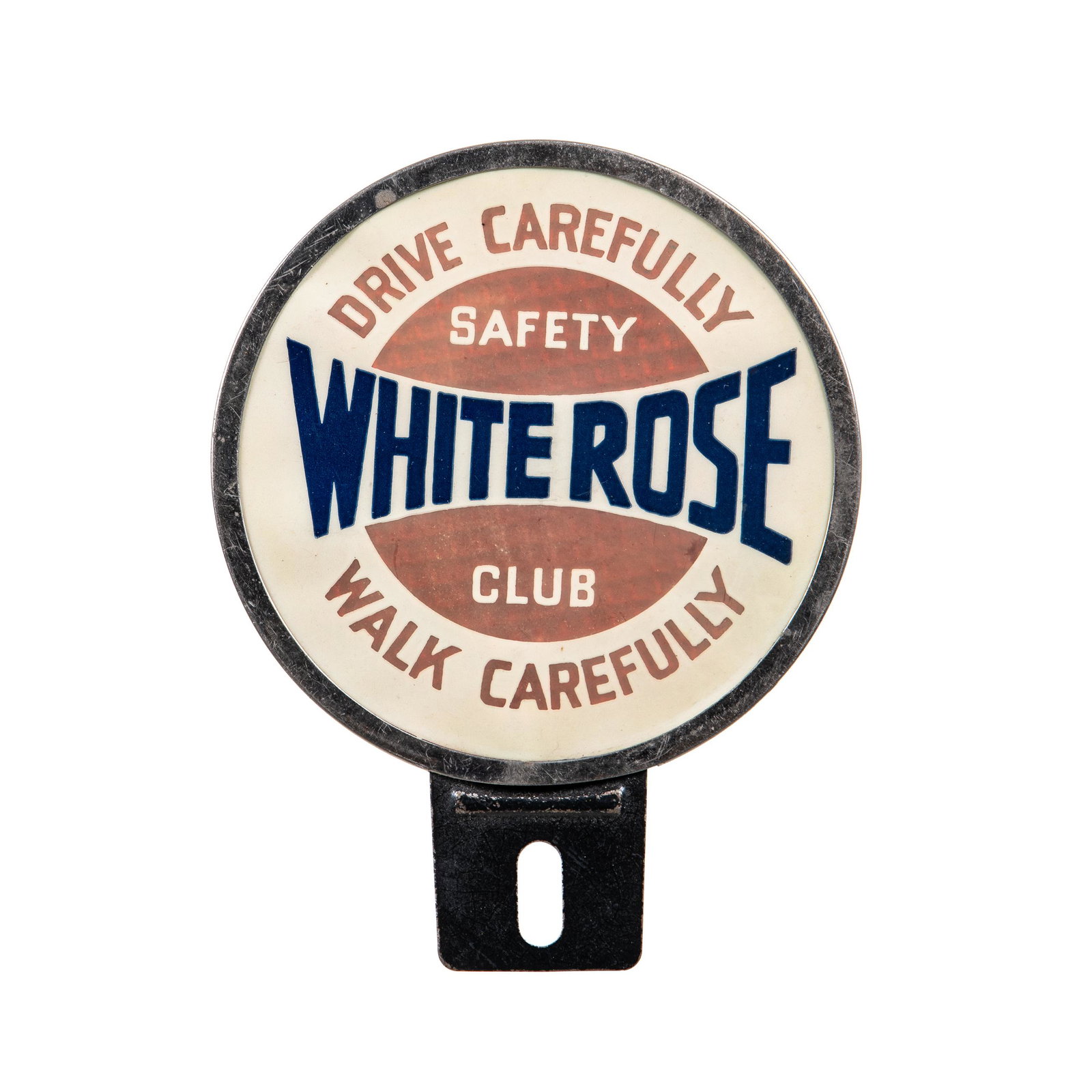 White Rose Safety Club License Plate Topper: Metal and plastic license plate topper. Good condition. Shows minor wear and fade throughout. Measures: 4"X5" Rating: 7.25 Est: $100-$200