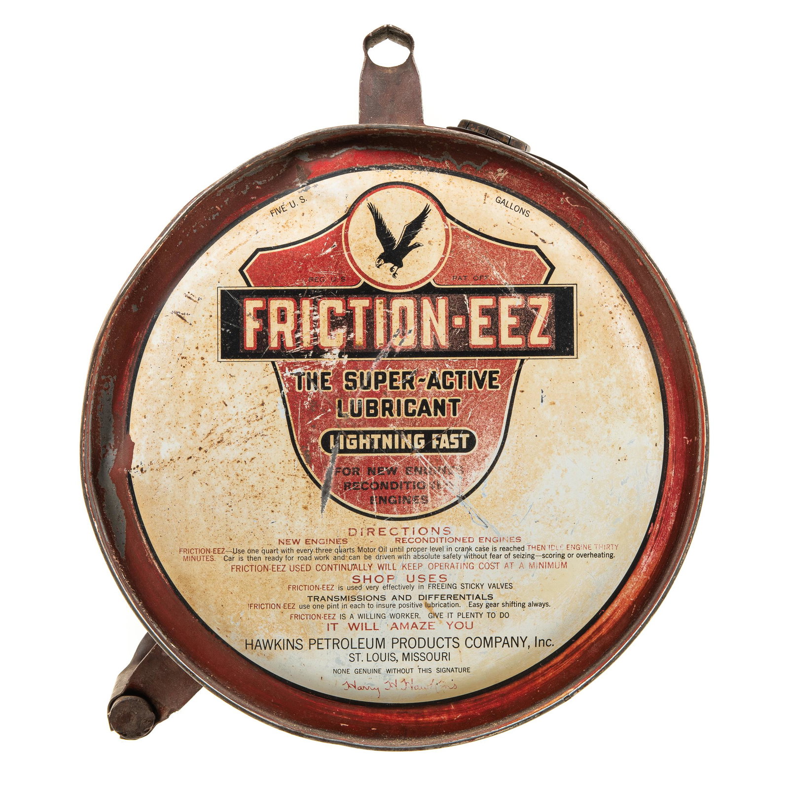Friction-Eez Motor Oil Rocker Can: Empty 5 gallon rocker can. It has average gloss and color with areas of discoloration and rust. Seldom seen can. Measures: 17"X14" Rating: 7.5 Est: $350-$700