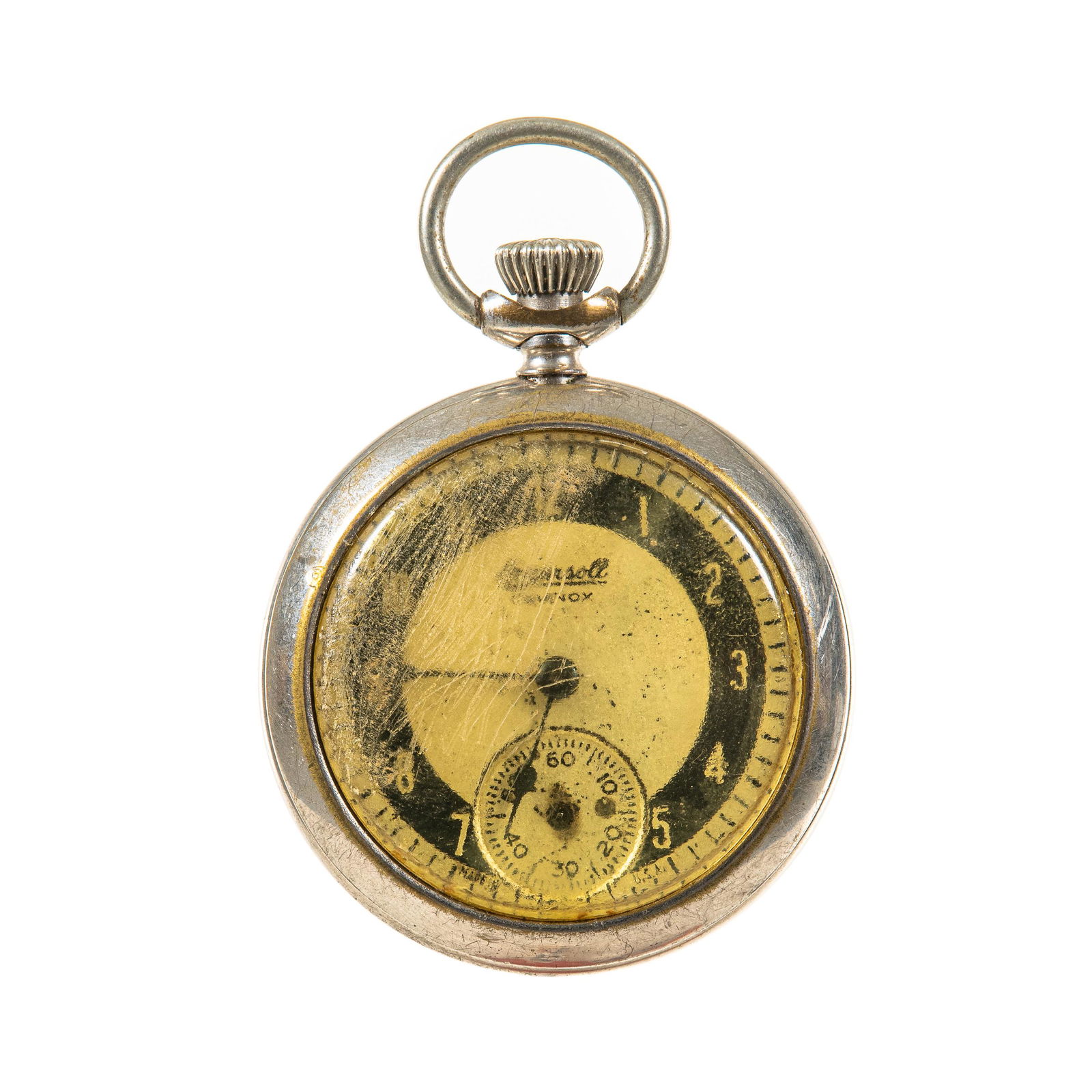 Ingersoll Equinox: 9224774 nickel silver case worn, no second hand, crystal bad, runs and stops, for parts or repair