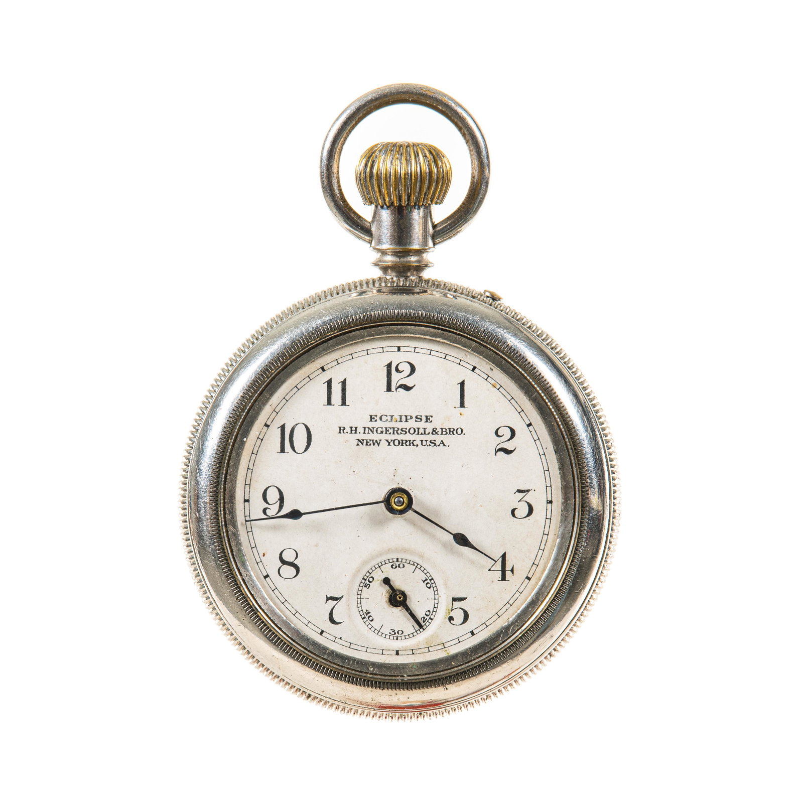 Eclipse New York USA RHI & Bro: no serial # nickel silver case, stem wind pin set, nice dial, runs, nice watch. Needs cleaned
