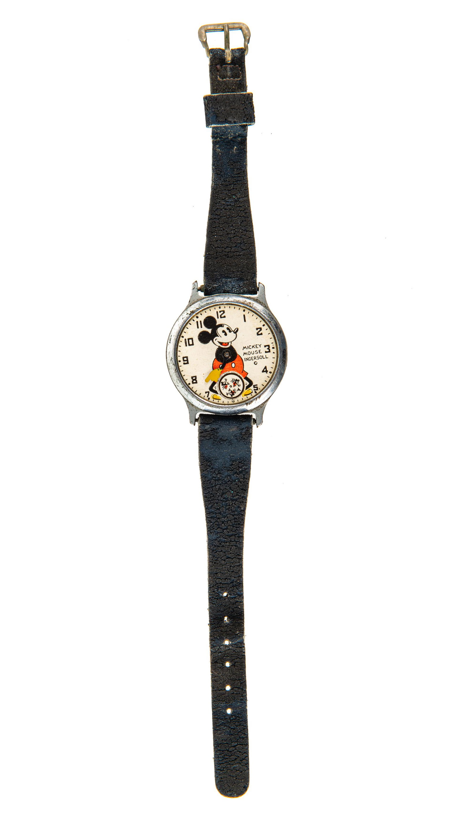 Mickey Mouse Wrist Watch: 92312942 Round dial, rotating second hand dial leather strap, non running, (missing crystal, minute hand & stem)