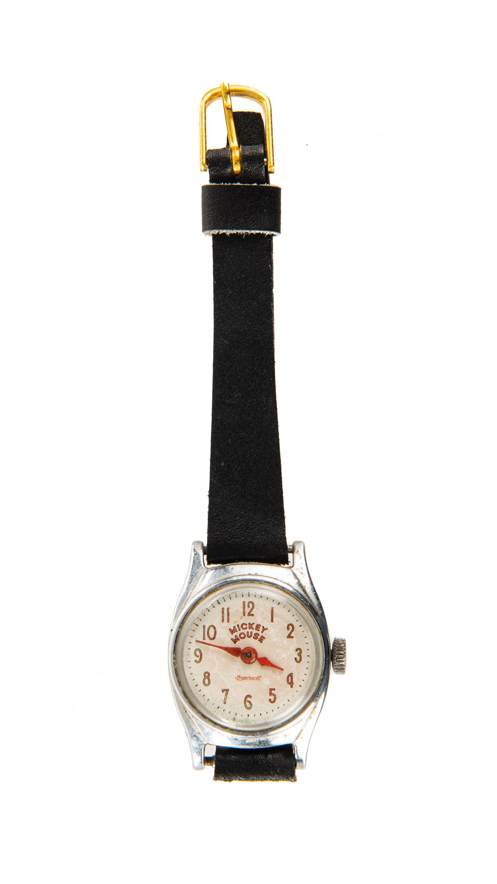 Mickey Mouse Wrist Watch: small round case mickey mouse written on dial, no picture, black leather straps. Non running.