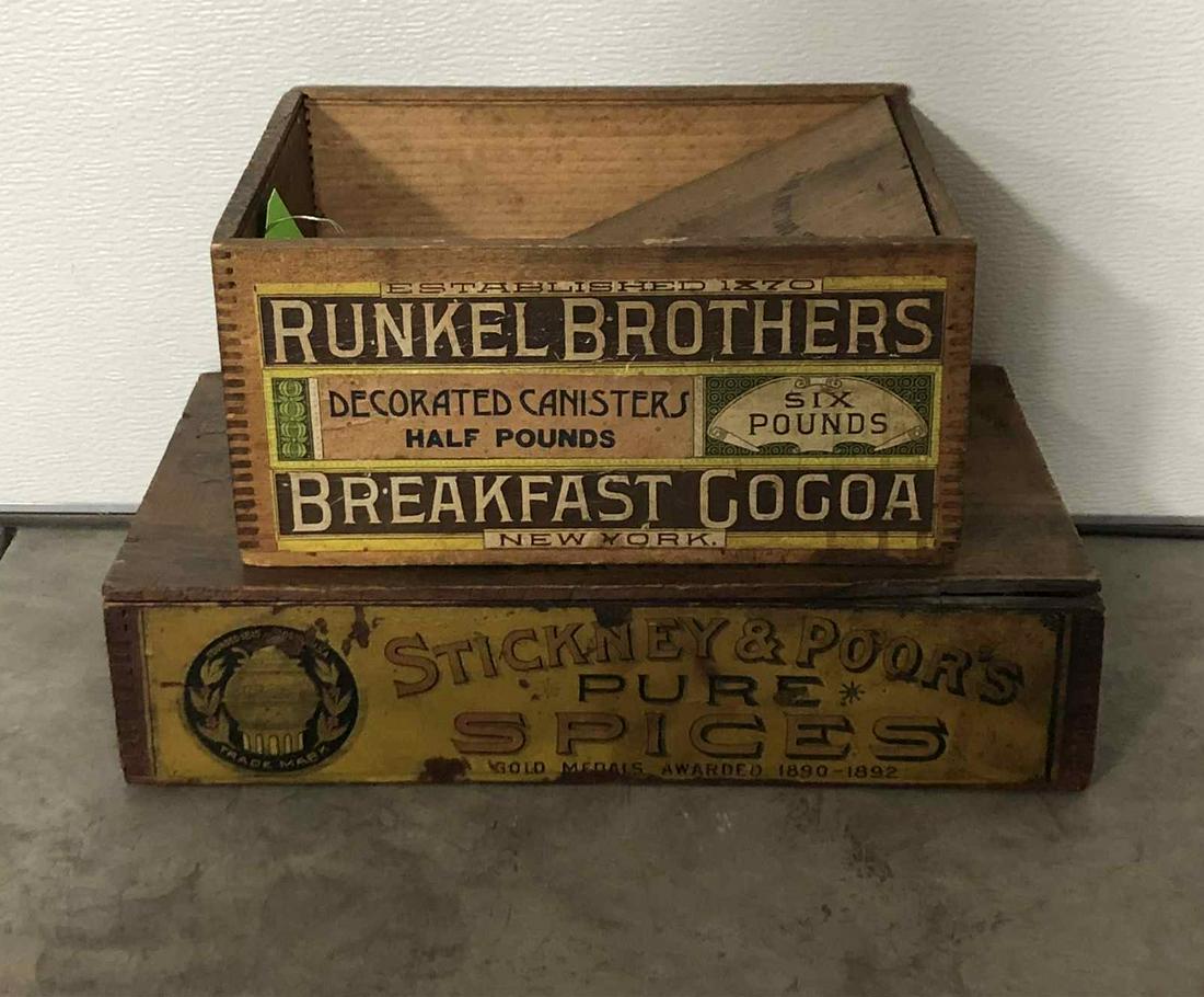 Lot Of 2 Wood Crates: Runkel Bros. Cocoa & Stickney Spice crates. Measures: 5.5"X11.5"/4"X15.5" Rating: 7.75 Est: $50-$150