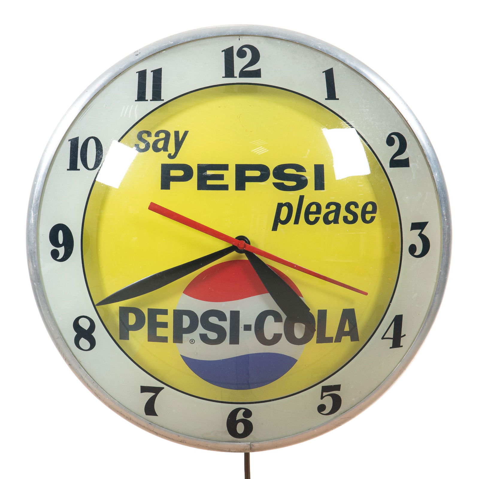 Say Pepsi Please Double Bubble Clock Smooth Cap: Lighted double bubble clock. The face has very good color with minor wear on the face and glass. Clock lights up and works well. Measures: 15"X15" Rating: 8.75 Est: $600-$1,200