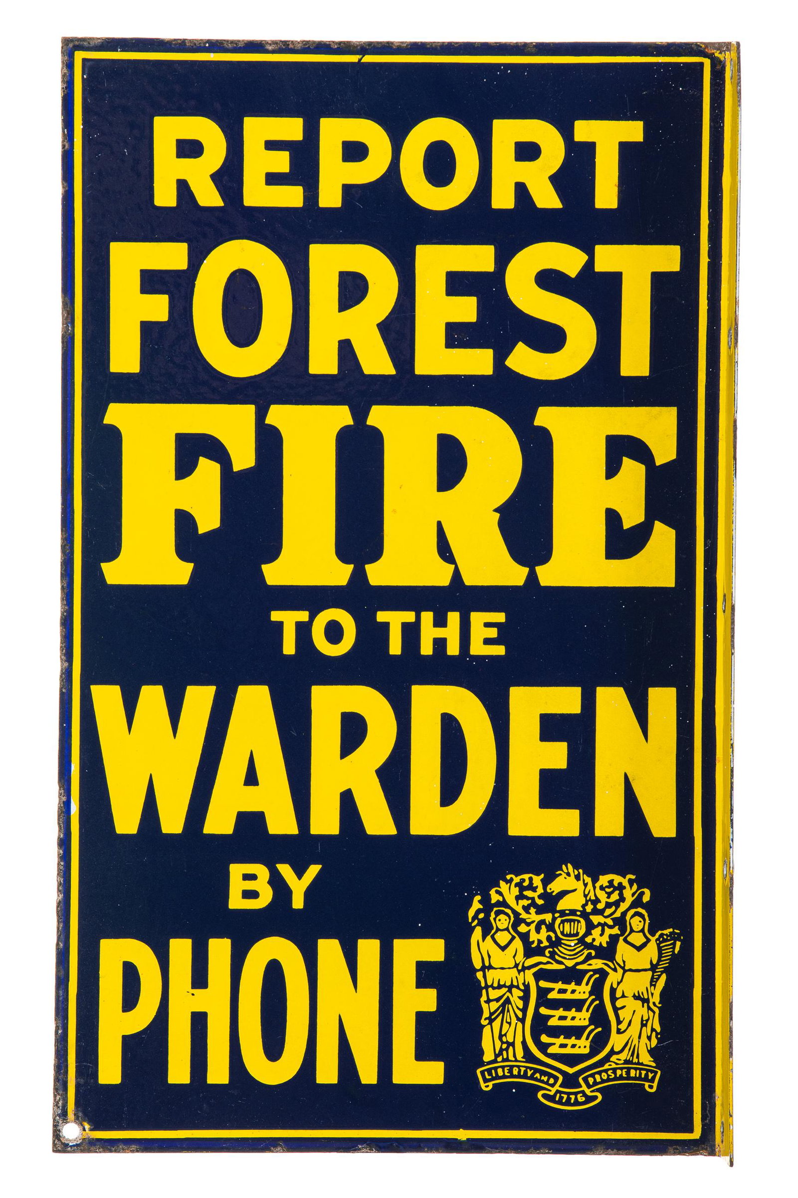 Report Forest Fires Flange Sign: DSPF. Very nice color and gloss. Has nice graphics and shelving. Has some edge wear and minor chipping. Some scratching on one side. Marked Baltimore Enamel 200 Fifth Ave NY. Measures: 20"x12" Rating: