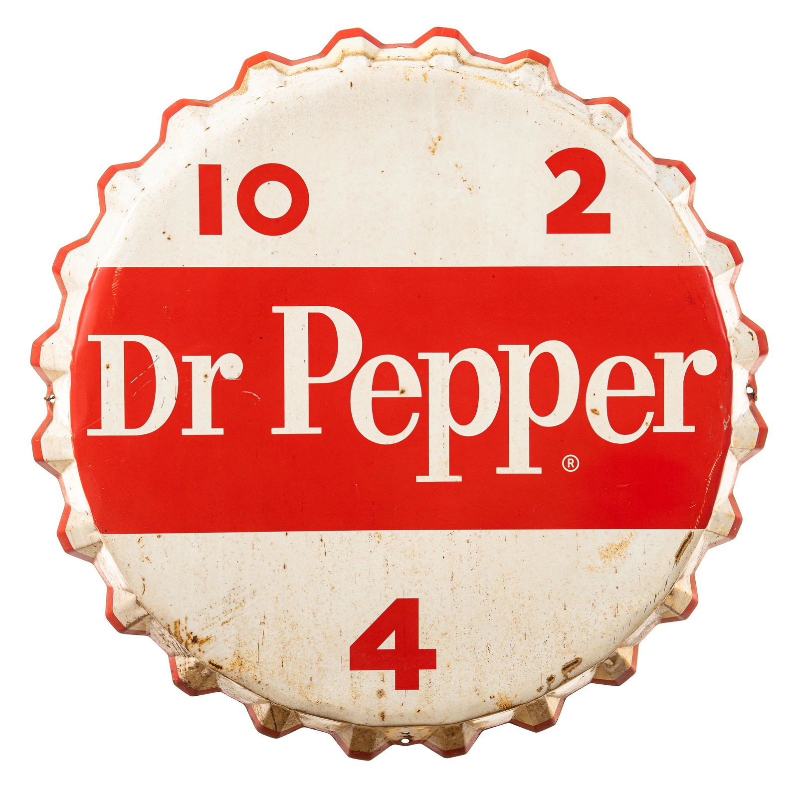 Dr. Pepper Bottle Cap Sign: SST. Average color and below average gloss. Has rust staining and wear throughout. Edge wear and rust. Has nice original look to it. Measures: 37"x37" Rating: 7.75 Est: $300-$600
