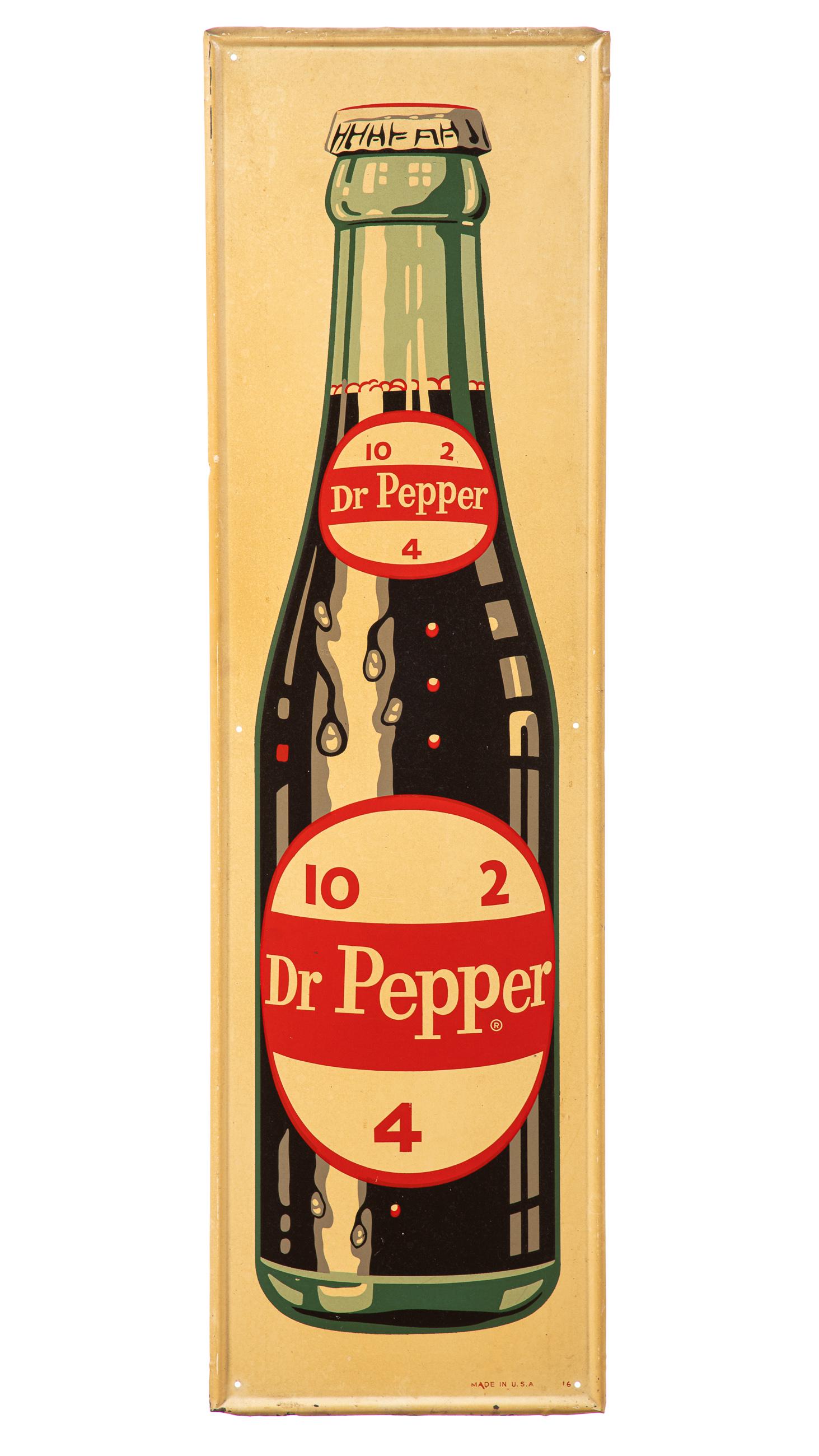 Dr. Pepper Vertical Sign With Bottle: SST. It has average color and gloss. It shows discoloration, minor paint loss, and some bends/dents. It displays well with the bottle graphic. Measures: 48"x13.75" Rating: 7.75 Est: $300-$500