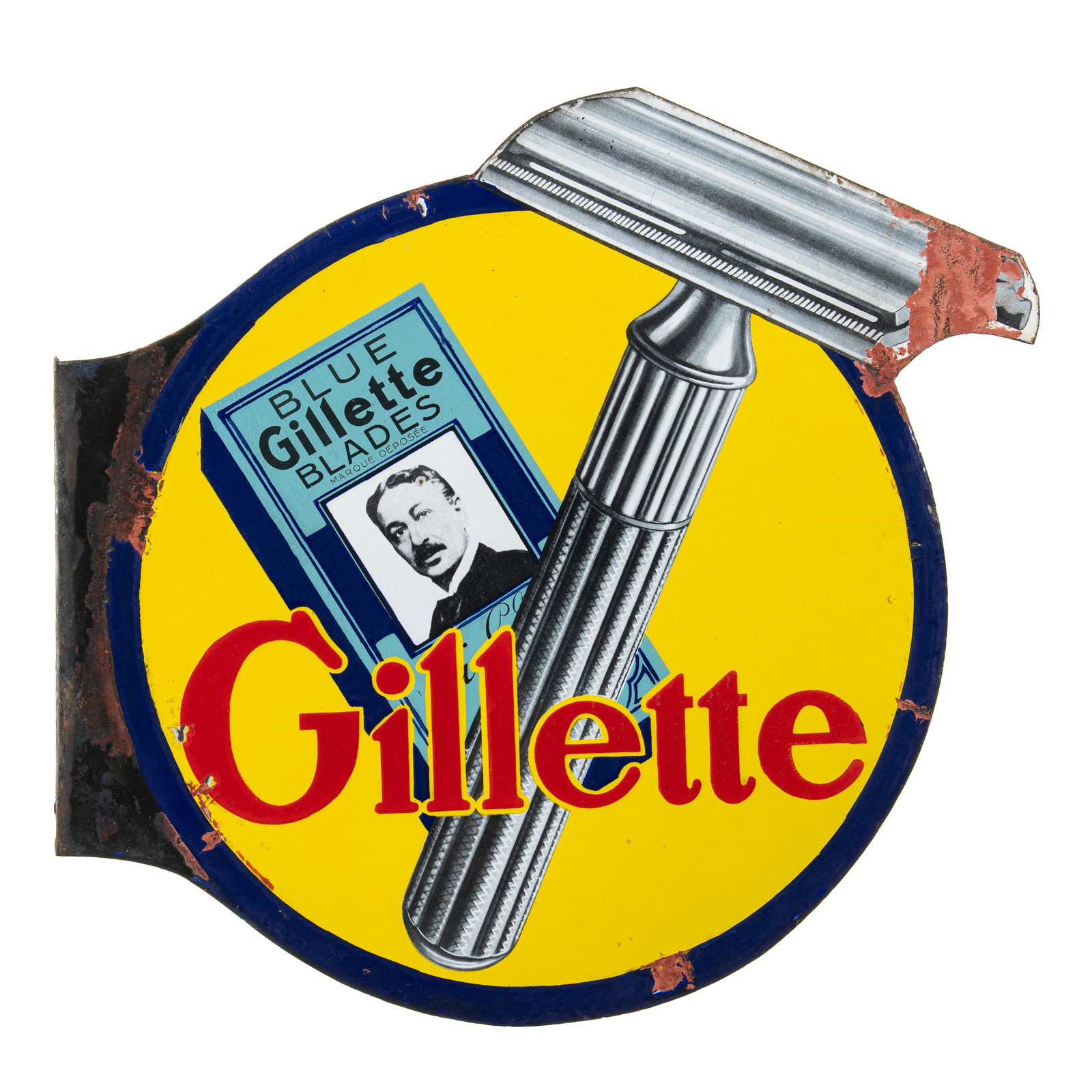 Blue Gillette Blades Diecut Flange Sign: DPF. Good color and gloss. Has scratching, chipping, edge wear, and cracked porcelain throughout. Some Bondo on certain areas. Flange appears to have been trimmed. Nice graphics. Measures: 19.75"x18.5