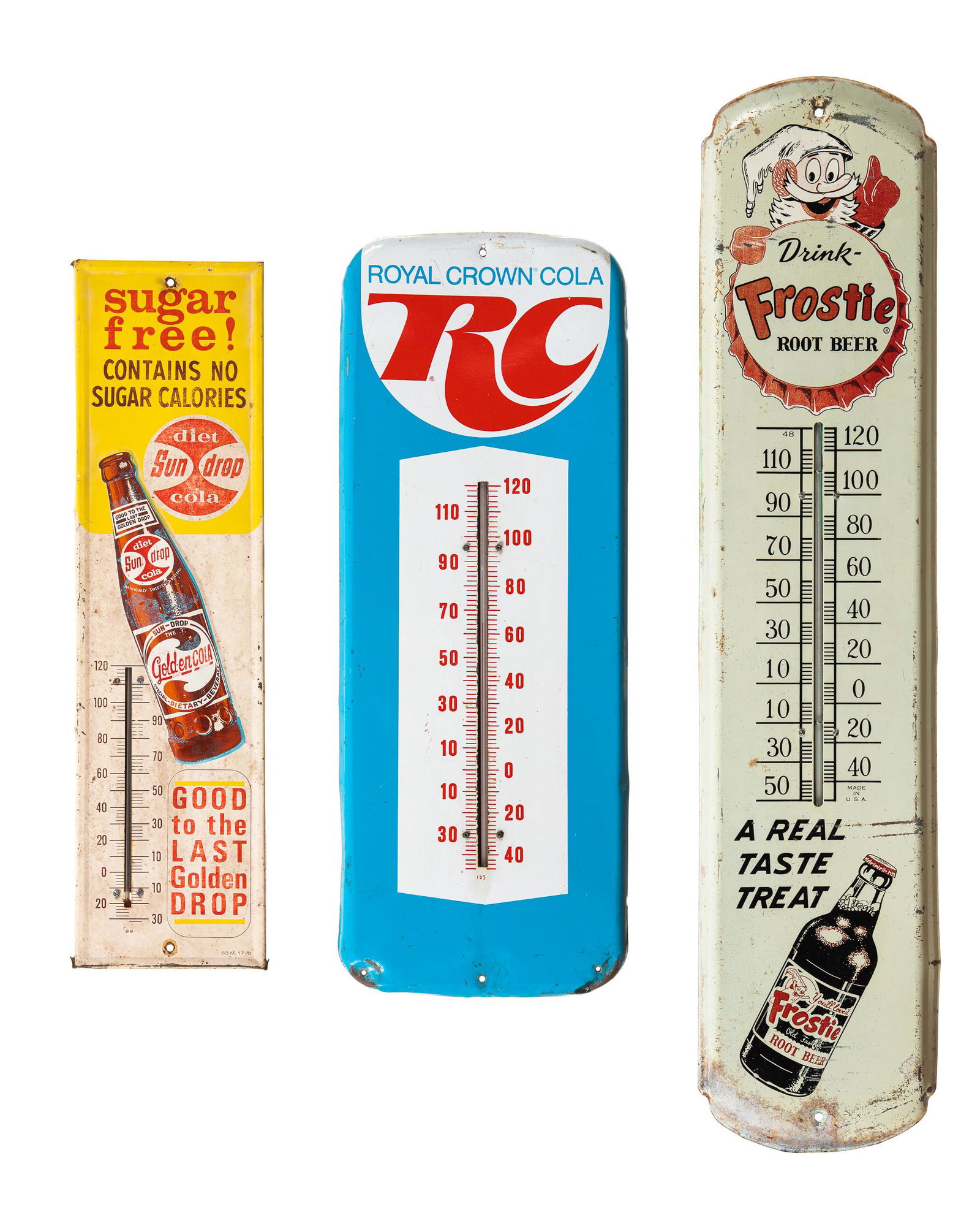 Lot Of 3 Soda Thermometers RC Frostie Sun Drop: SST. RC has great color and gloss. Minor scratching throughout. Paint loss around the edges. Sun drop and Frostie have below average color and little to no gloss. Minor surface rust and paint loss. Me