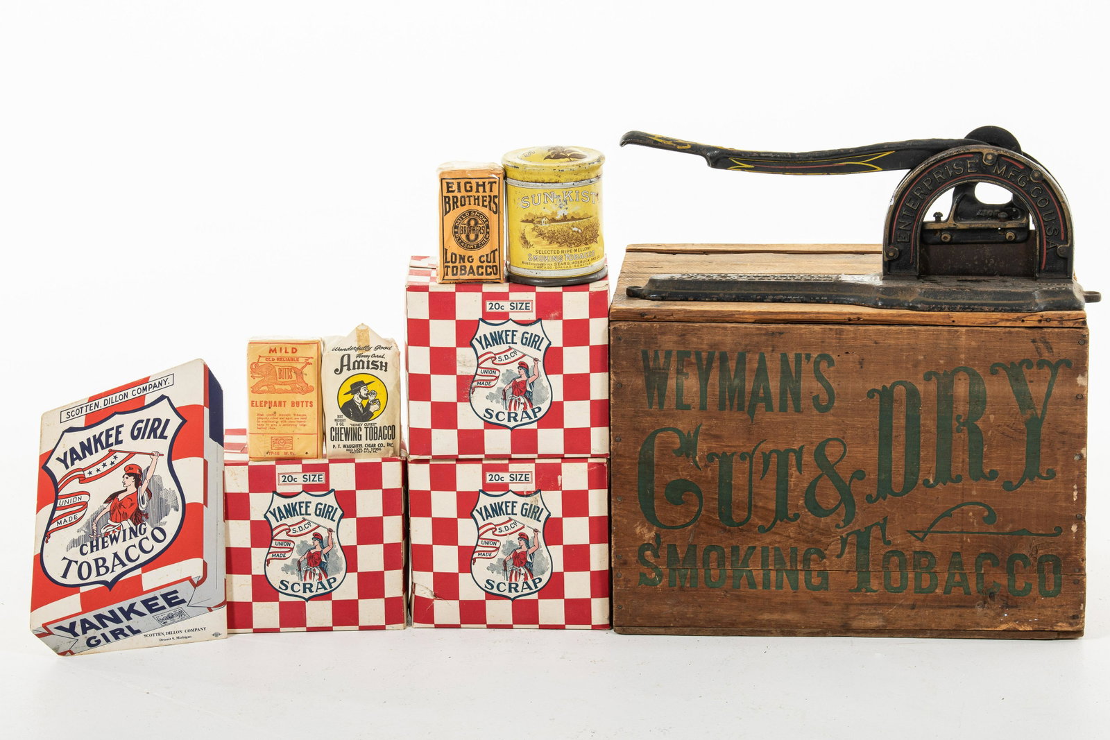 Lot Of 10 Tobacco Advertising Pieces: They show wear, discoloration, paint loss, small dents, chipping, and the hinges on the crate are not original. They display well. Measure: 13.5"x19" Rating: 8-7 Est: $150-$300