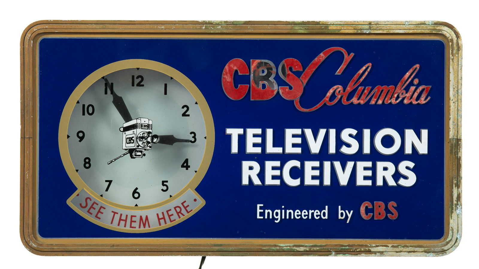 CBS Columbia Televisions Lighted Clock: Lighted clock in metal can. The face has good color for the most part with areas of color loss and wear. The clock and the rotating panel light up and works very well. Measures: 10.25"X19" Rating: 7.7