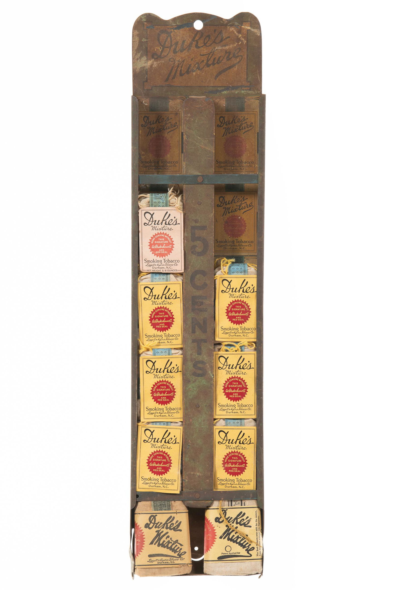 Duke's Mixture Tobacco Rack With Pouches: SST display with NOS tobacco pouches. Below average gloss and color but has a great patina look. Shows heavy discoloration and areas of paint loss. Nice piece with a great look. Measures: 23"X5.5" Rat