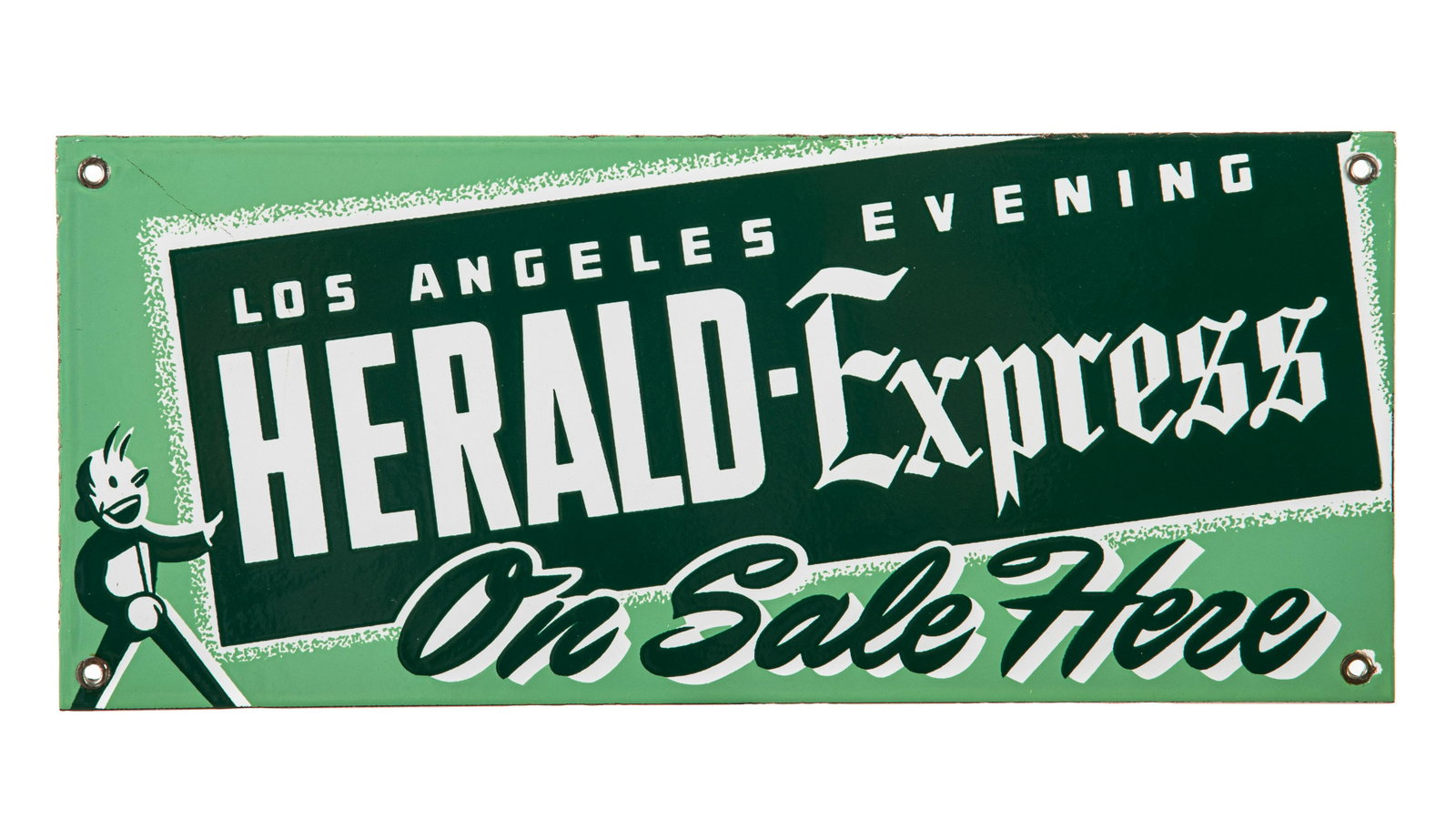 Los Angeles Evening Herald-Express Sign: SSP. Great gloss and color with only minor flaws. Nice example of this sign. Measures: 6"X14" Rating: 9 Est: $300-$600