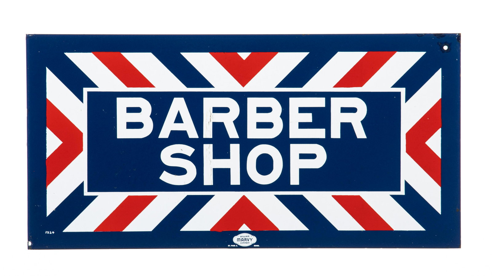 Barber Shop Flange Sign: DSPF. Very nice color and gloss. Minor chipping and touchups. Some wear throughout. Displays nicely. Measures: 12"x24" Rating: 9 Est: $250-$500