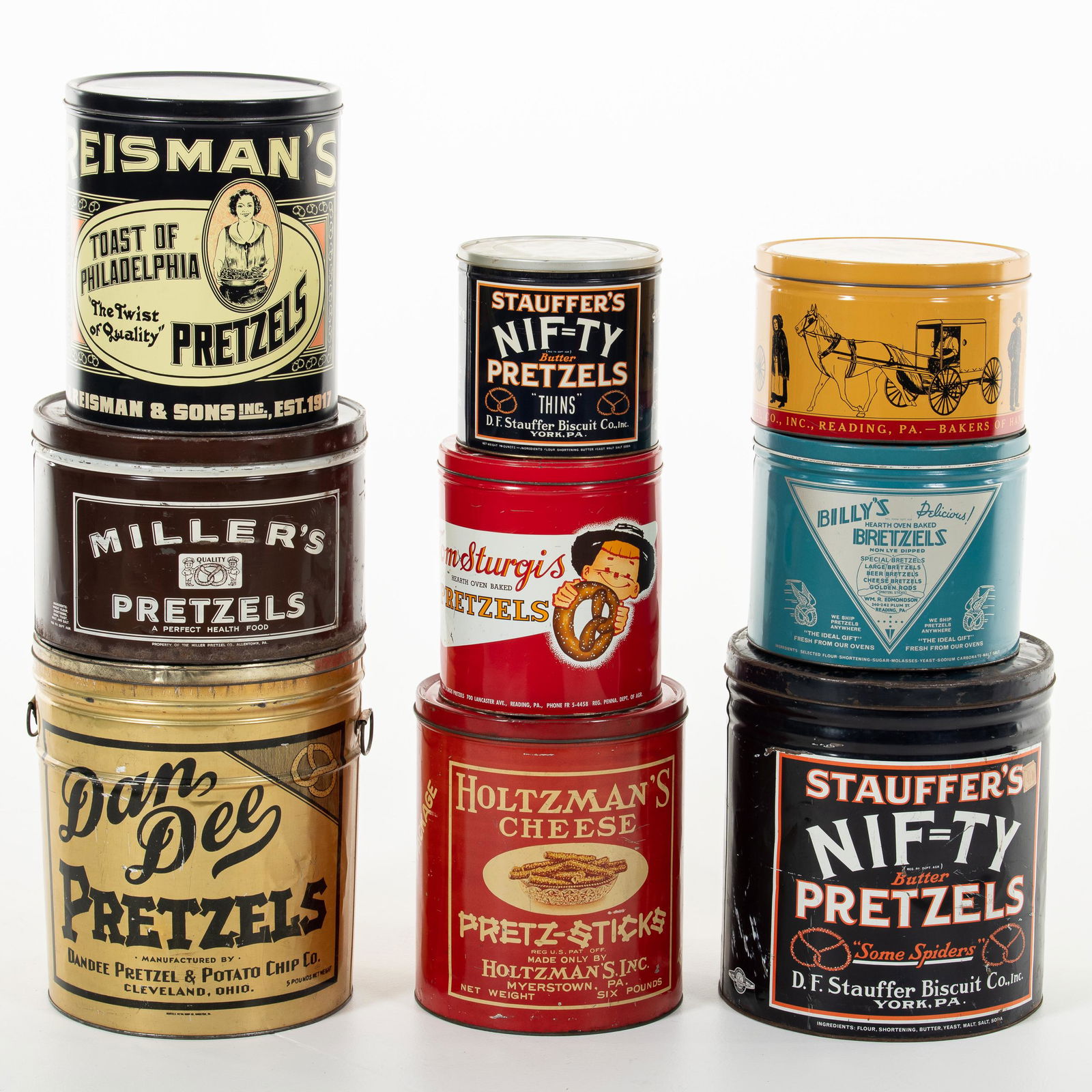 Lot Of 9 Pretzel Tins Stauffer's Reisman's Sturgis (1 of 4)
