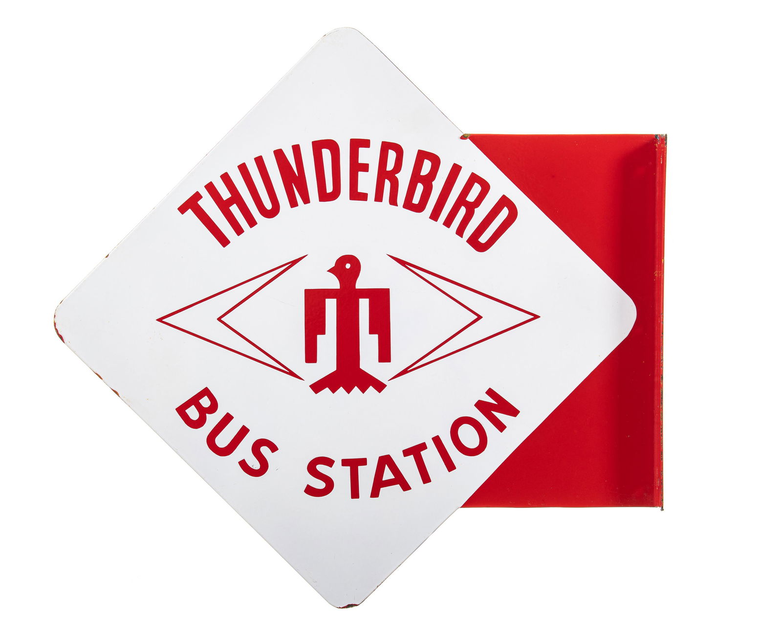 Thunderbird Bus Station Flange Sign: DSPF. Great color and gloss. Neat graphic. Few minor edge chips. Minor fading in the white porcelain. Heavy thick sign. Measures: 22"x23" Rating: 9 Est: $750-$1,500