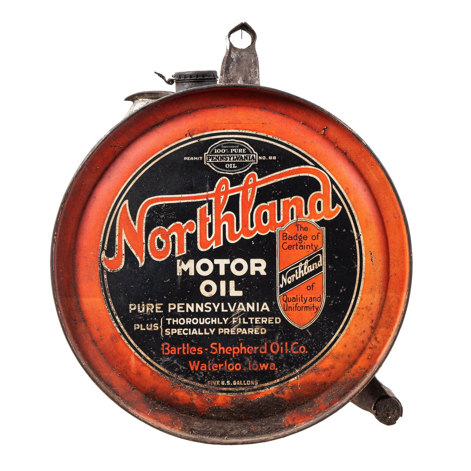Northland 5 Gallon Rocker Can: Empty 5 gallon can. Good gloss and color. It shows paint loss and areas of rust throughout. Nice can with a great look. Measures: 17"X14" Rating: 7.25 Est: $350-$550