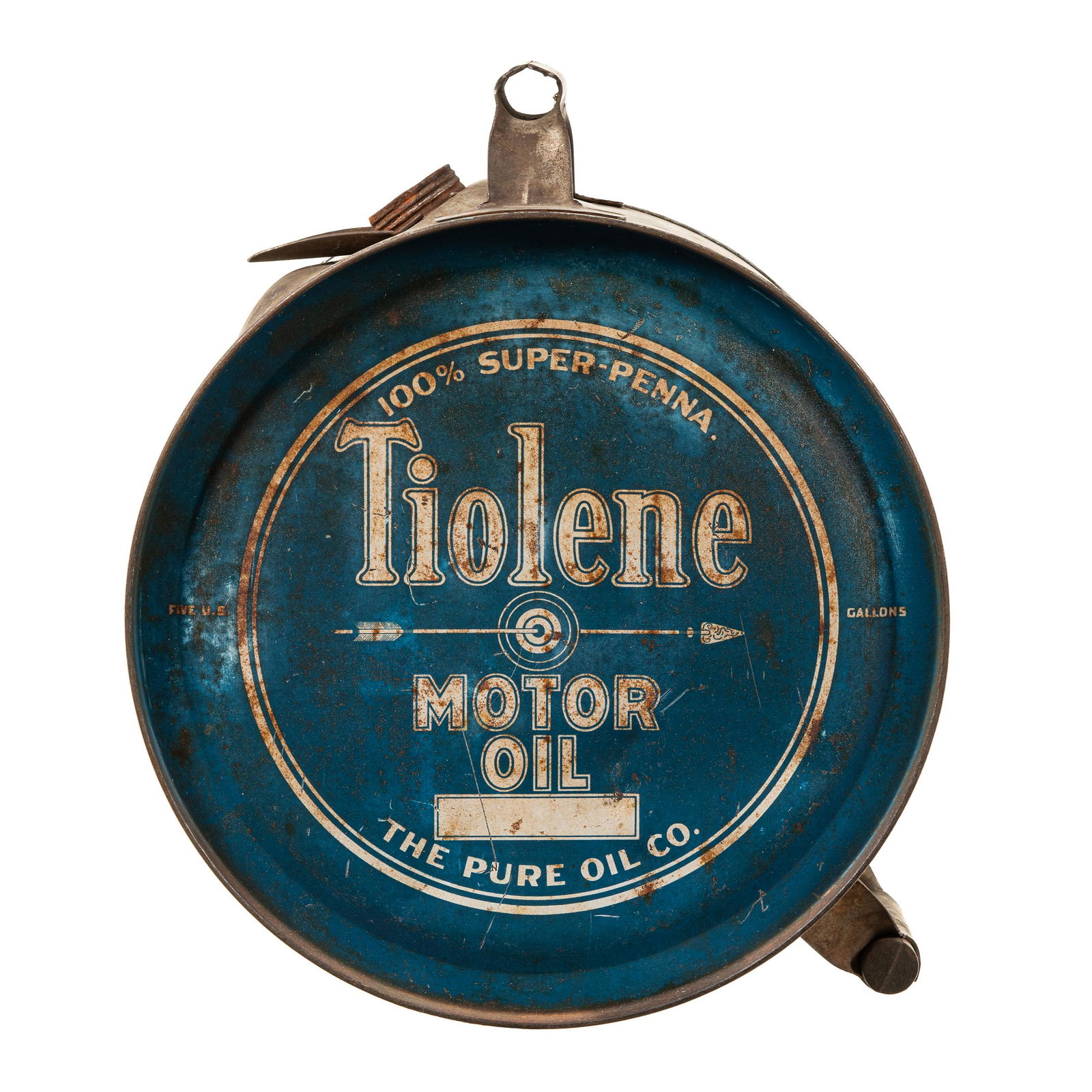 Tiolene 5 Gallon Rocker Can: Empty 5 gallon can. Above average gloss and color. Shows areas of paint loss throughout. It also has one large dent on one side. Overall it displays well. Measures: 17"X14" Rating: 7 Est: $400-$700