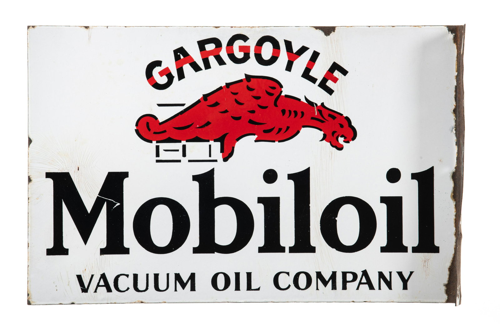 Mobiloil Gargoyle Flange Sign: DSPF. Good gloss and color with crazing and wear in the field. It shows heavy porcelain loss on the flange. Measures: 15.5"X24" Rating: 7 Est: $300-$600