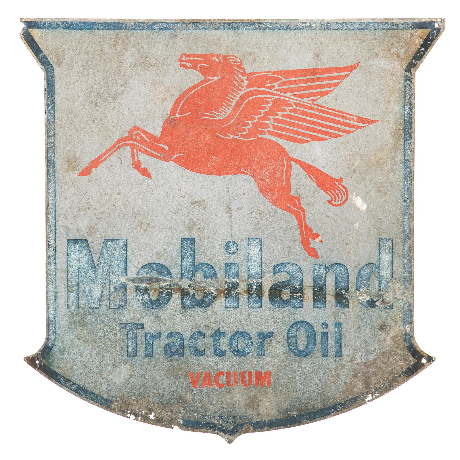 Mobiland Tractor Oil Shield Sign: SST. Below average color and no gloss. Has wear and paint loss throughout. Some rust issues and staining. Rare sign. Neat piece. Measures: 24"x23" Rating: 6.5 Est: $300-$500