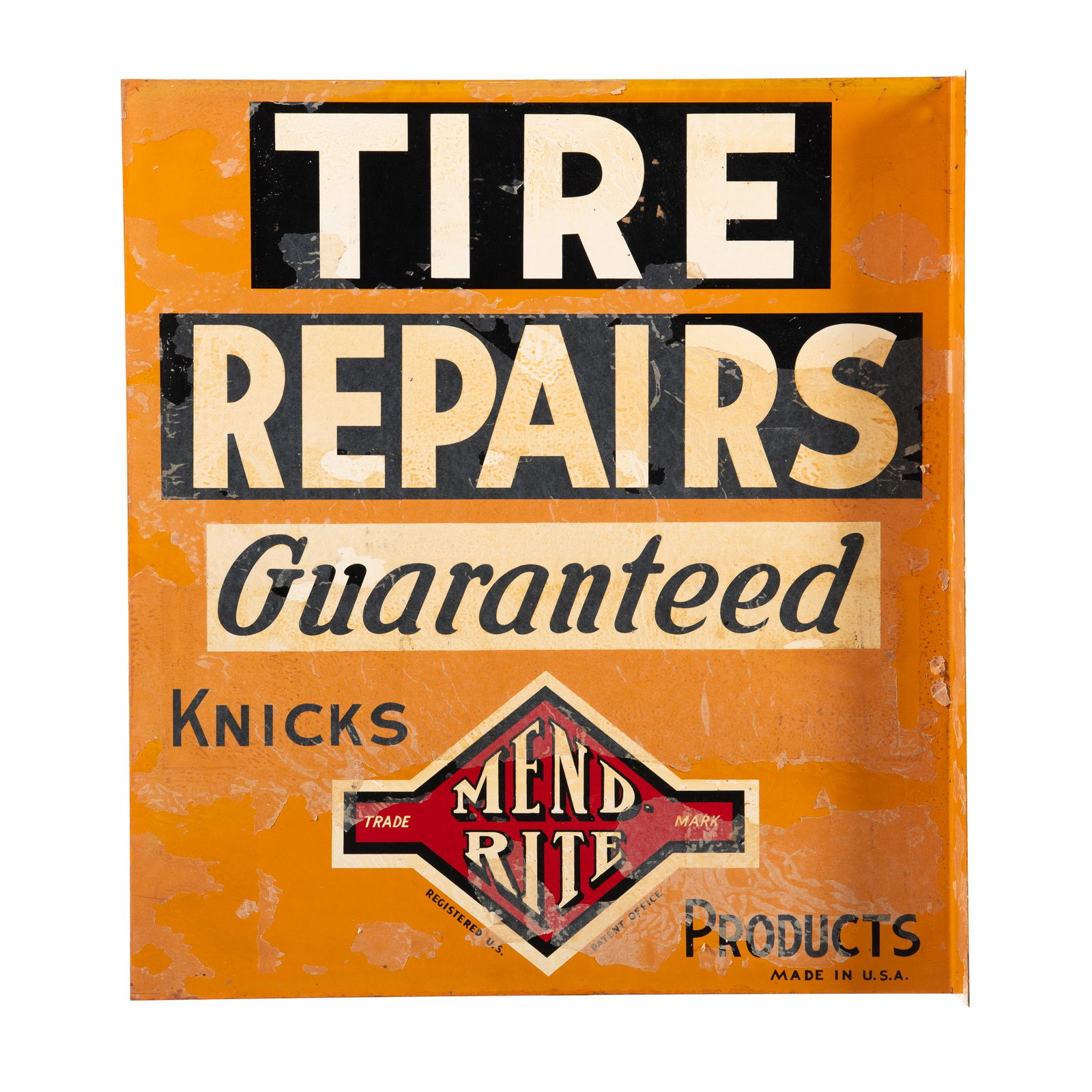 Mend Rite tire Repairs Flange Sign: DSTF. Above average gloss and color. Shows paper marks throughout. Displays well. Measures: 20"X18" Rating: 7.75 Est: $250-$500