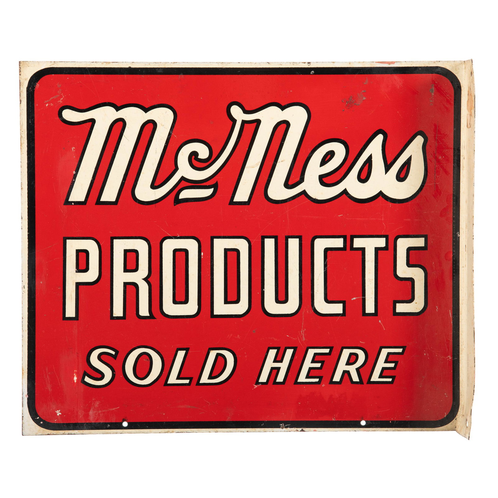 McNess Products Sold Here Flange Sign: DSTF. Good color and gloss. It has scratching, minor paint loss, and wear throughout. One bend in the flange. Displays well. Measures: 13.5"x16" Rating: 7.75-8 Est: $125-$250