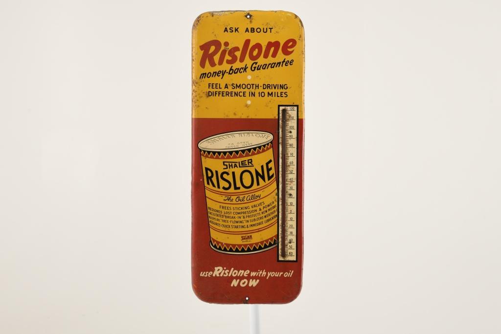 Rislone Thermometer: SST thermometer. Average color and gloss. Shows areas of surface rust. Thermometer works well. Has nice patina look. Measures: 25.5" x 9.75" Rating: 7.75 Est: $100-$300