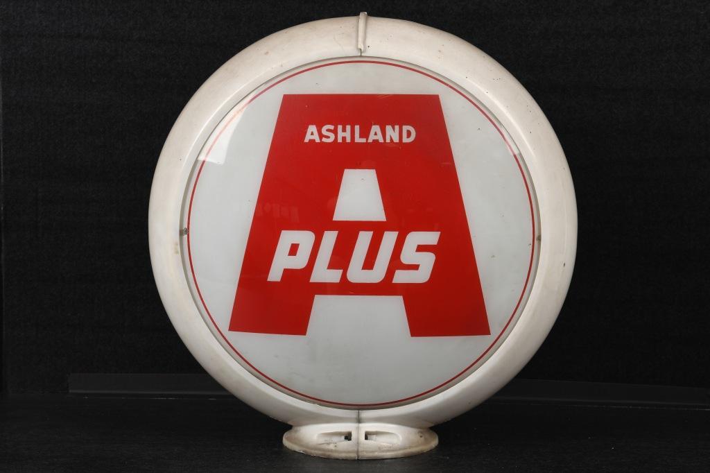 Ashland A Plus Gas Pump Globe: 2 13.5" lenses in an original Capco body. The lenses have good color and show light wear, spots of minor paint loss, and slight discoloration. The body shows light wear, discoloration, and a couple ha