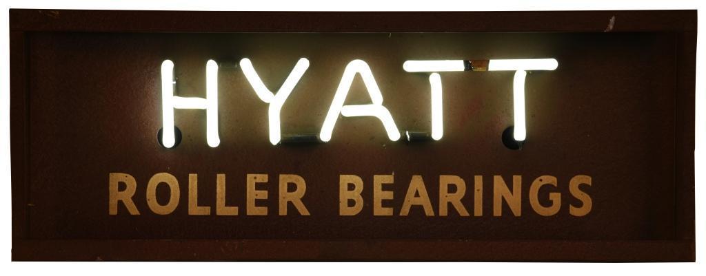 Hyatt Roller Bearings Neon Sign: SSTN. It has average color and gloss. It shows light wear, discoloration, and areas of paint loss. It displays well and is in working condition. Measures: 9.5"x25" Rating: 8 Est: $300-$600