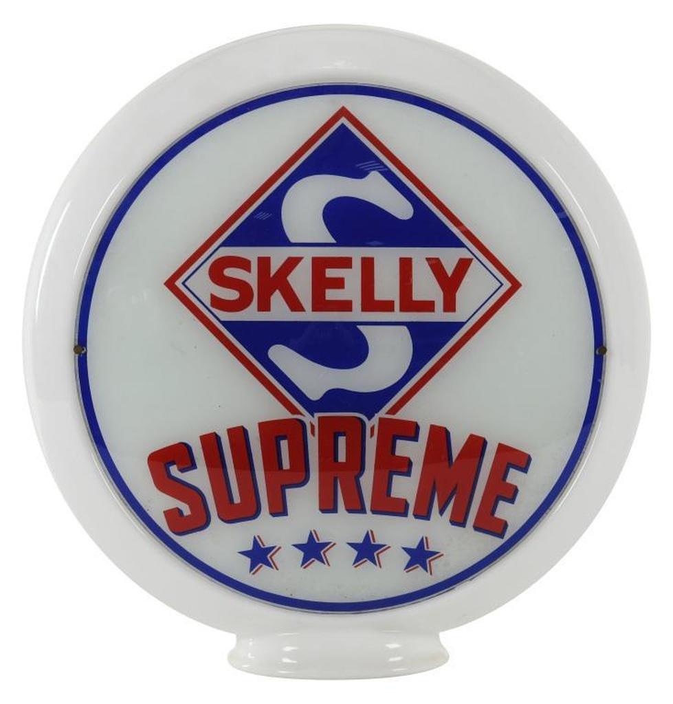 Skelly Supreme Globe: 13.5" lenses on glass body. Both lenses have great color with minor wear. The glass body is in great shape as well. Nice globe that displays well. Rating: 8.5 Est: $350-$600