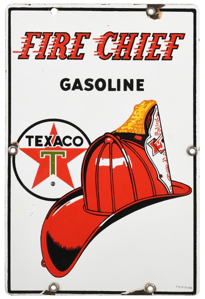 Texaco Fire Chief Gas Pump Plate 12"X8": SSP. Great gloss and color with minor flaws in the field and chips around the mounting holes. Marked P&M and dated 1964. Nice pump plate. Displays very well. Measures: 12"X8" Rating: 8.5 Est: $250-$45