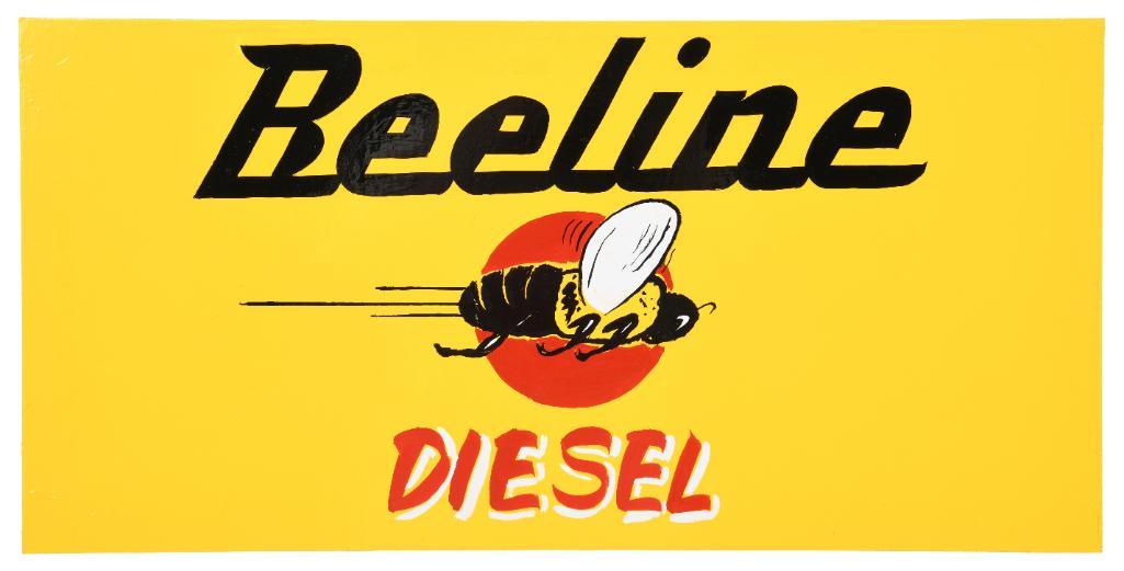 Beeline Diesel Sign: SST. The story is that the CEO of Sinclair had one of the last Beeline sign artists paint this in the 1980's. Great gloss and color with edge wear. Great graphics. Measures: 12"X24" Rating: 8 Est: $25