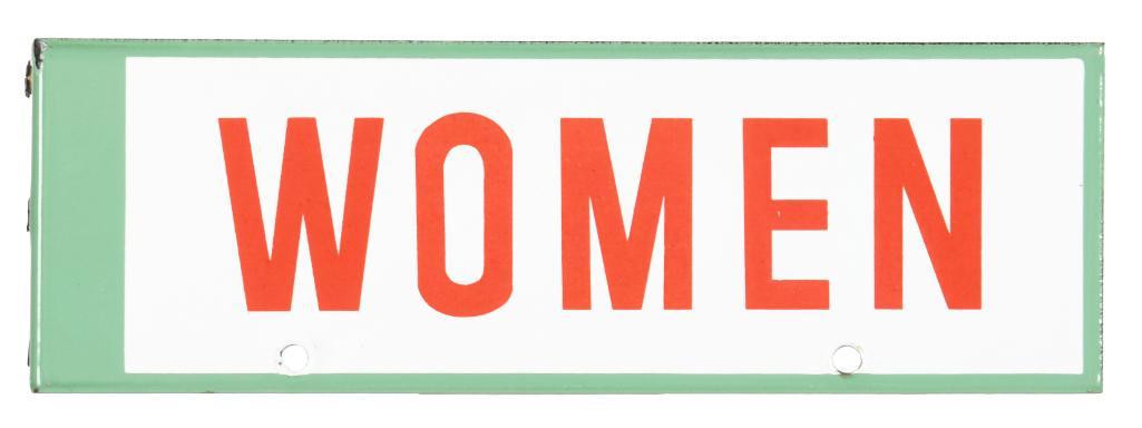 Associated Women Restrooms Flange Sign: DSPF. Great gloss and color with very minor flaws. Very tough to find in this condition. Measures: 3.75"X8.75" Rating: 8.75 Est: $300-$600