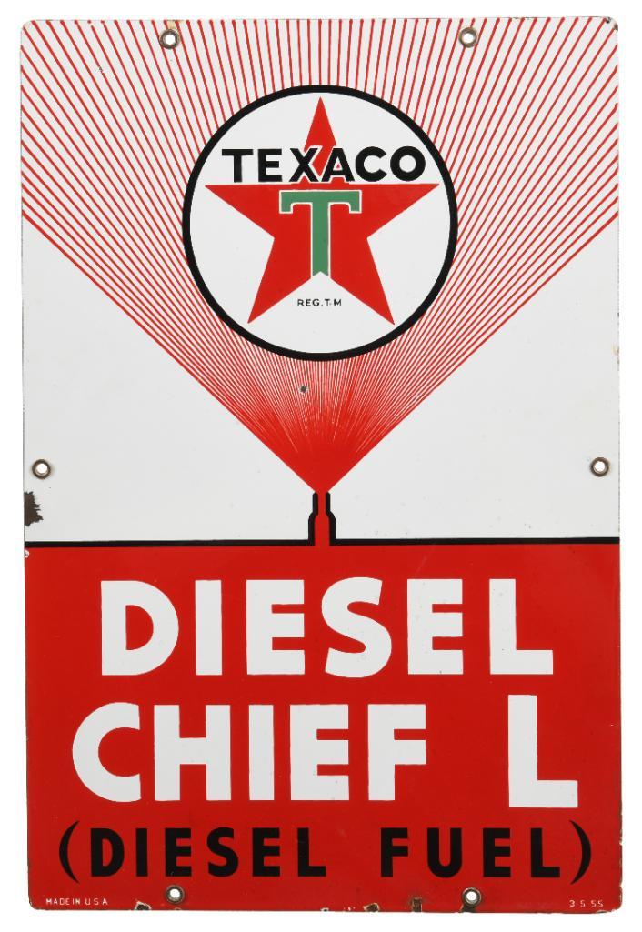 Texaco Diesel Chief L Gas Pump Plate: SSP. Very good gloss and color with minor wear and one chip in the field. It also shows chipping along the perimeter. Dated 1955. Nice pump plate. Displays well. Measures: 18"X12" Rating: 8 Est: $400-