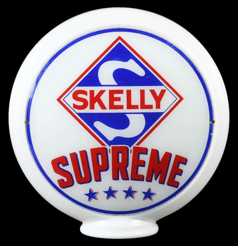 Skelly Supreme Gas Globe: Complete 13.5" on glass. No cracks. Lenses have minor edge chips. Minor wear throughout. Displays well. Measures: 16.75" x 15.75" Rating: 8 Est: $300-$500