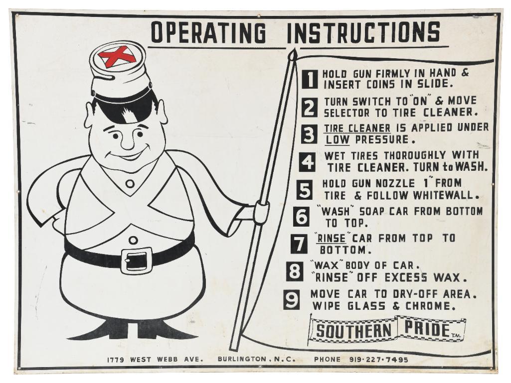 Southern Pride Car Wash Sign: Single sided aluminum. Good color with staining and wear throughout. Seldom seen sign. Measures: 36"X48" Rating: 7.5 Est: $150-$300