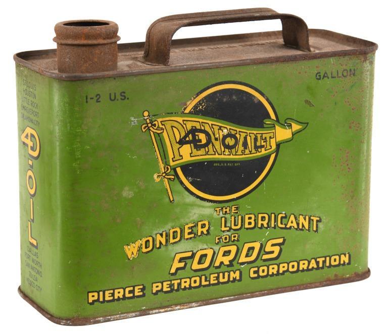 Pierce Pennant For Fords 1/2 Gallon Can: Empty. It has average color and gloss. It shows wear, discoloration, paint loss, surface rust, and a small dent. It displays well. Measures: 6.5"x8" Rating: 8 Est: $300-$500