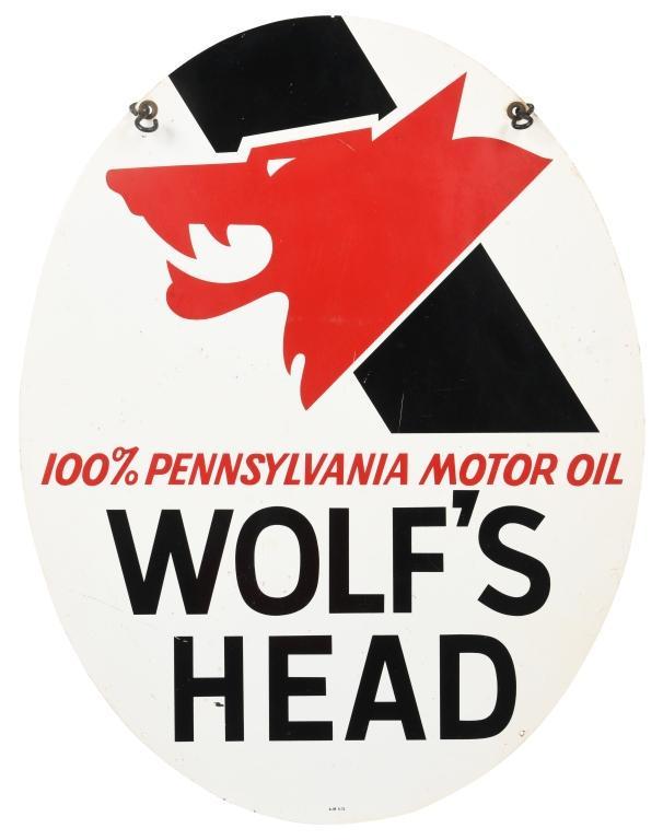 Vintage Wolf's Head Motor Oil Sign W/ Bracket Frame
